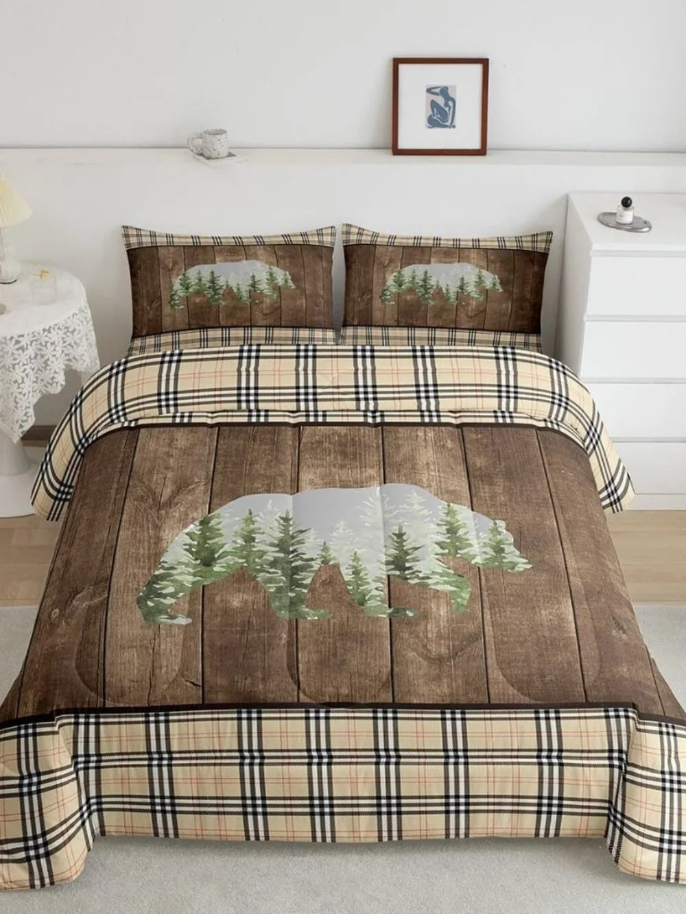 Bear Cabin Comforter Set Vintage Plaid Brown Wooden Stripes Bedding Set for Kids